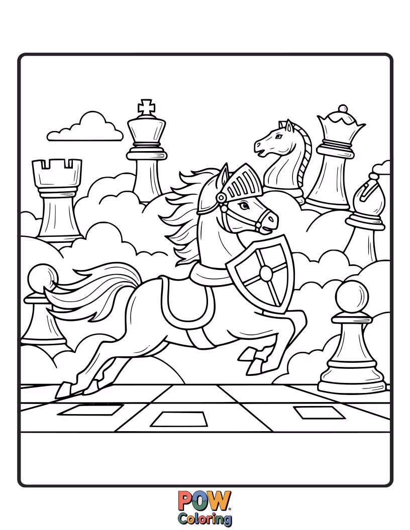 Free coloring page of A charming knight on a hobby horse dramatically charging to capture a pawn, with a castle in the background.