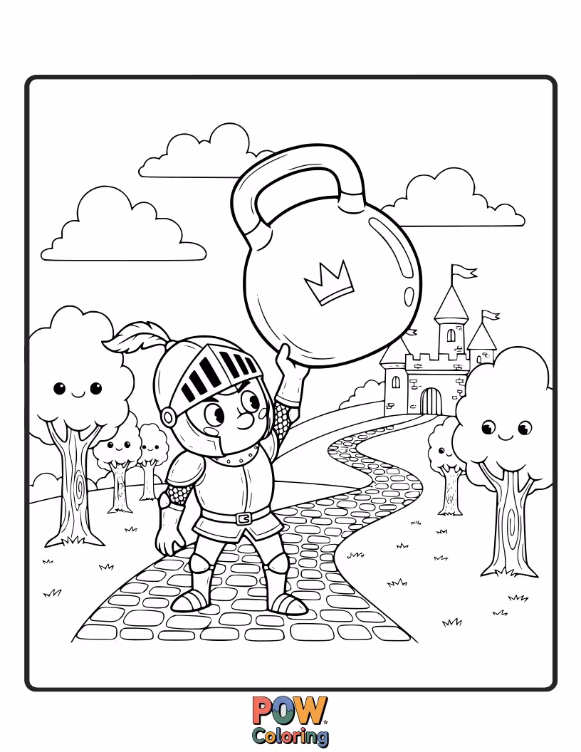 Free coloring page of A valiant knight in shining armor bravely swinging a mighty kettlebell, ready for any fitness challenge.