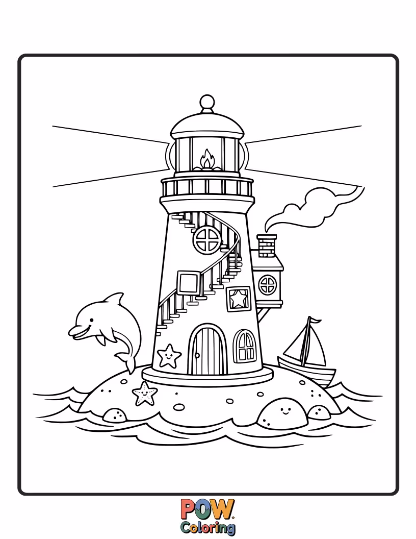 Free coloring page of A tall, friendly lighthouse standing guard over the sea, with a cozy home built into its base. Guiding light!