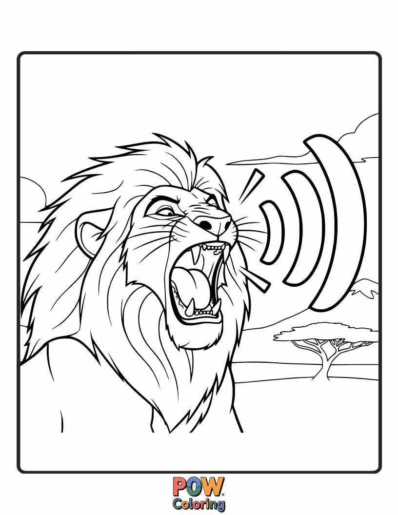 Free coloring page of Mufasa stands tall and powerful on Pride Rock, letting out a magnificent roar that echoes across the savanna.