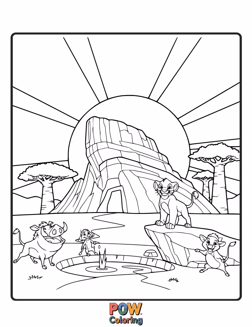 Free coloring page of A sweeping view of Pride Rock, majestic and imposing, with various animals gathered peacefully around its base.