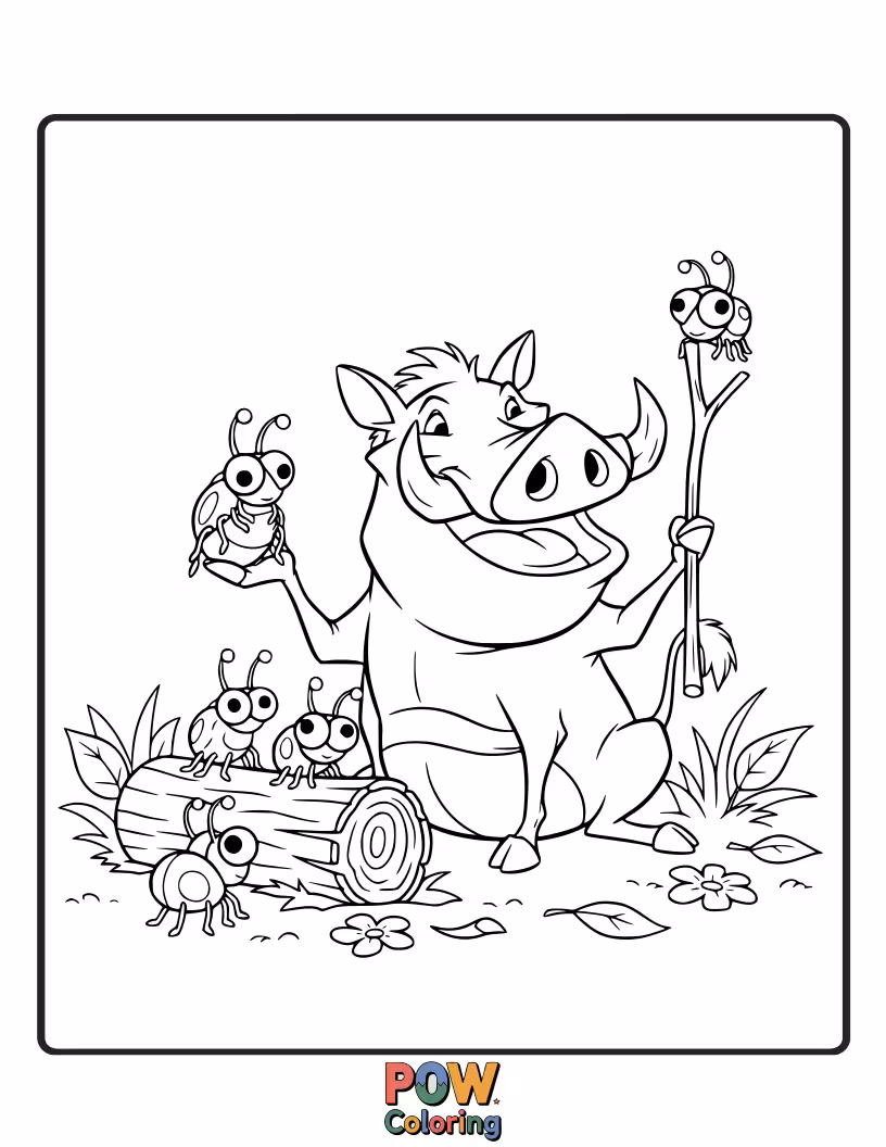 Free coloring page of Pumbaa happily devours a giant, juicy bug, his eyes closed in pure gastronomic delight, a funny, satisfied expression.