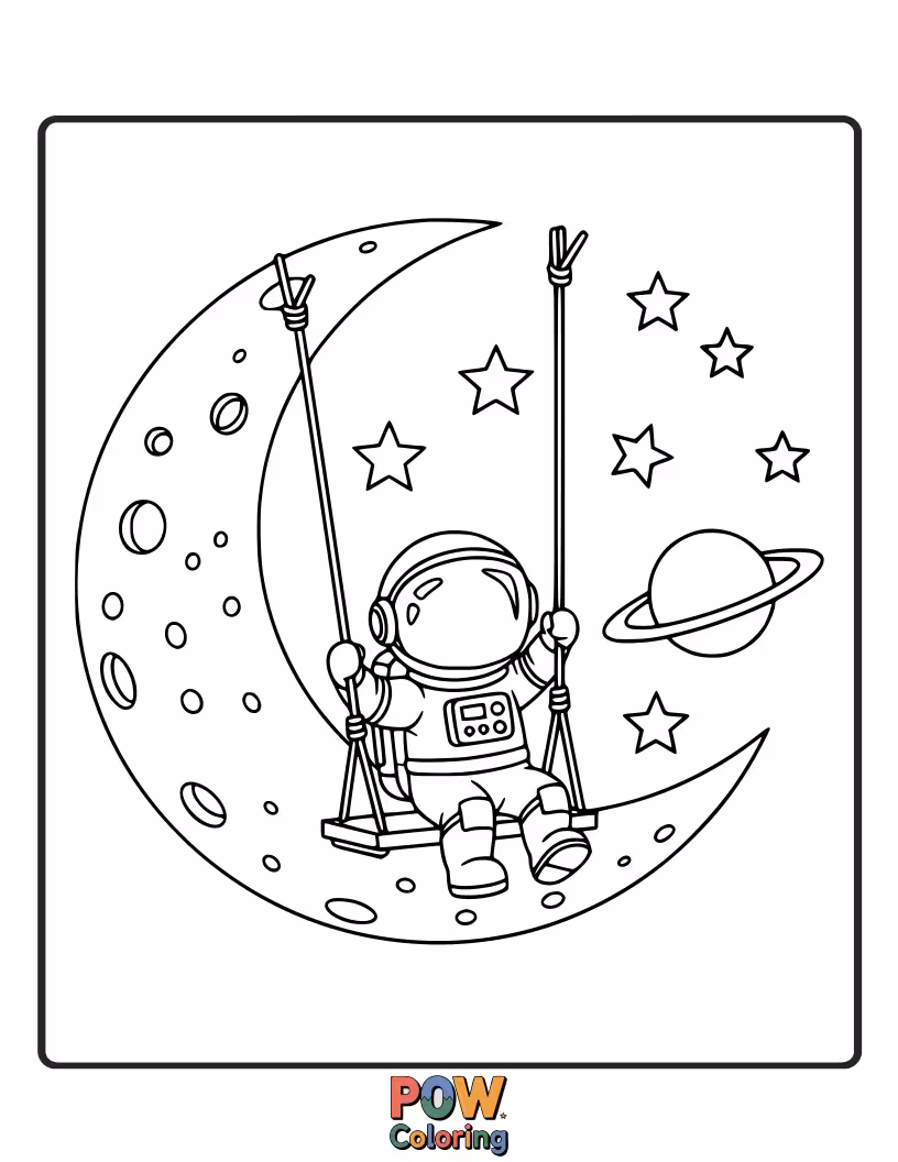 Free coloring page of A curious toddler astronaut swings on a planet-shaped swing, gazing at distant, friendly stars.