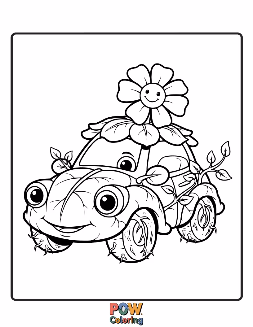 Free coloring page of A car whose body is made of living vines and flowers, with leaves for windows and petals for wheels.