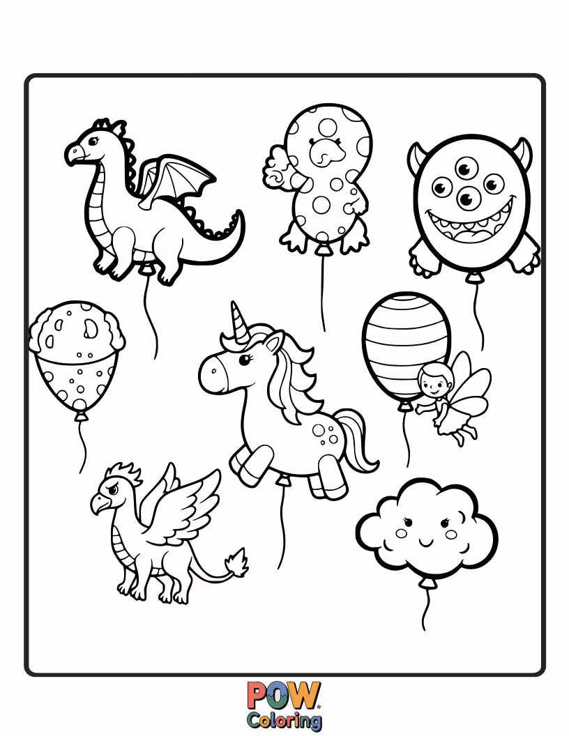 Free coloring page of Mythical creatures like dragons and griffins soaring through the sky in uniquely designed hot air balloons.
