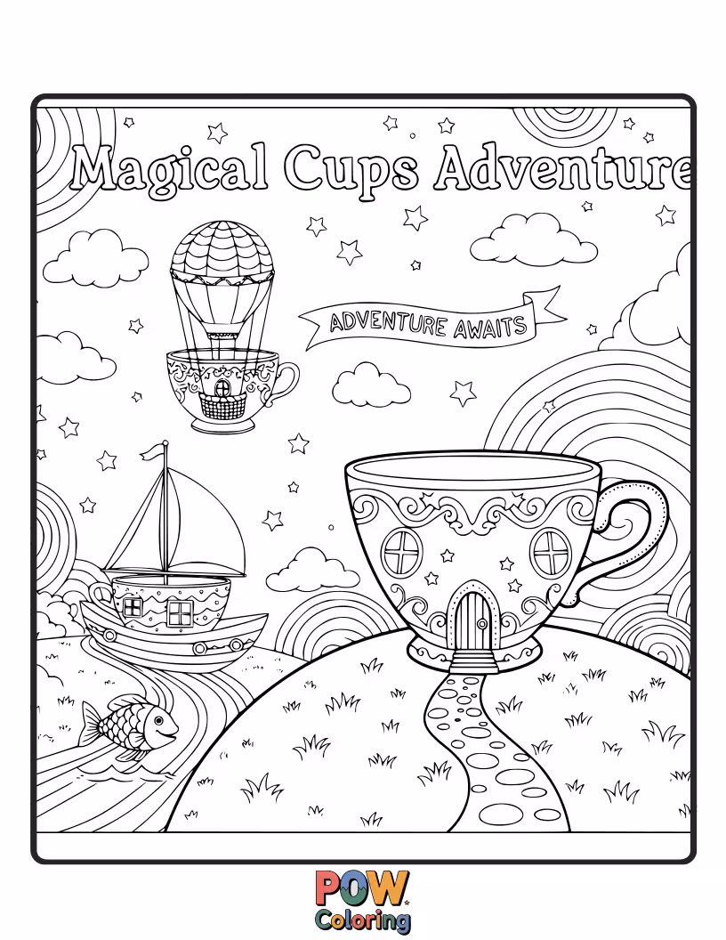 Free coloring page of Whimsical cups explore a starry night sky, leaving trails of glitter and dreams. Perfect for imaginative coloring fun.