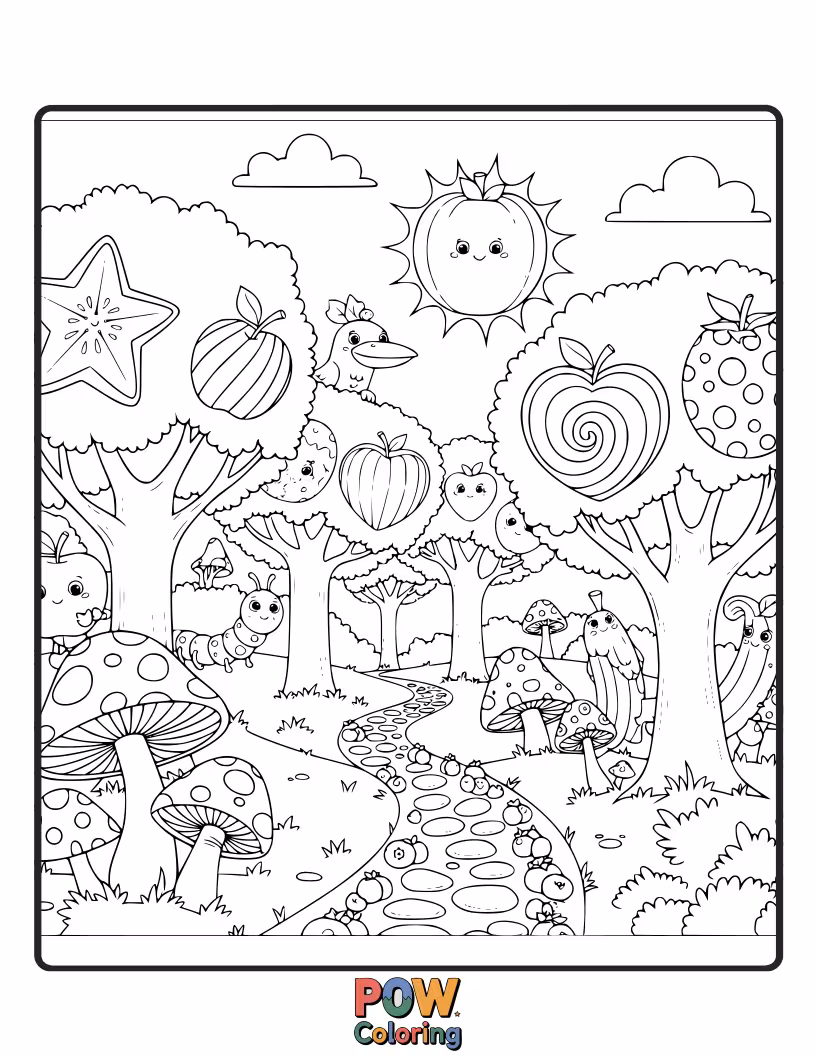 Free coloring page of Whimsical fruits with tiny wings flitting through an enchanted forest filled with sparkling dewdrops.