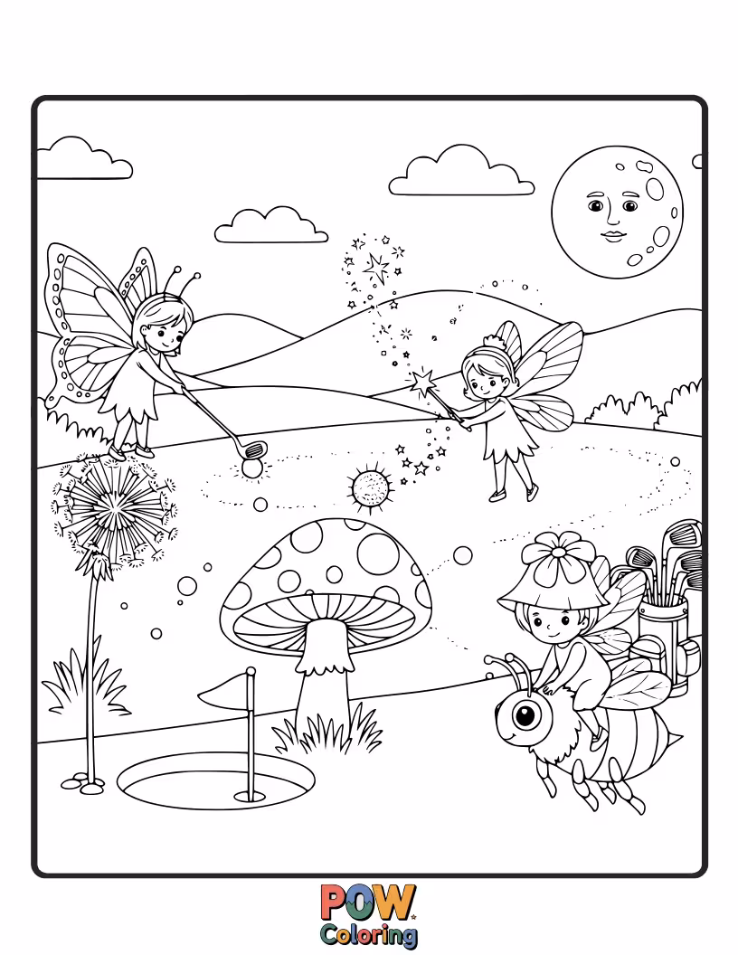 Free coloring page of Delicate fairies with shimmering wings tending to the golf course, sprinkling fairy dust on the greens.