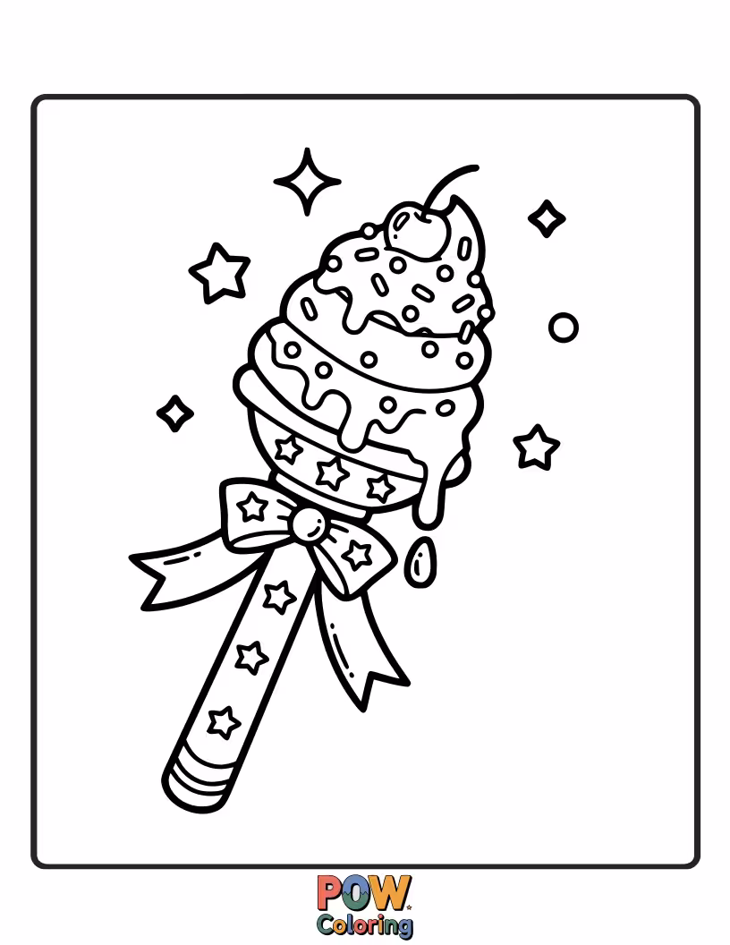 Free coloring page of A sparkling ice cream cone on a starry wand, ready to cast delicious spells and sweet enchantments.
