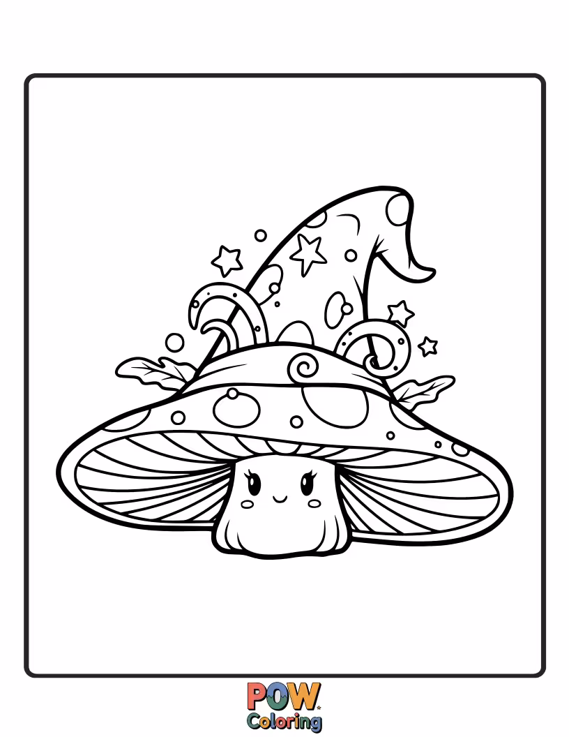 Free coloring page of A whimsical hat shaped like a colorful mushroom, with tiny sprites dancing around its rim. Enchanting!