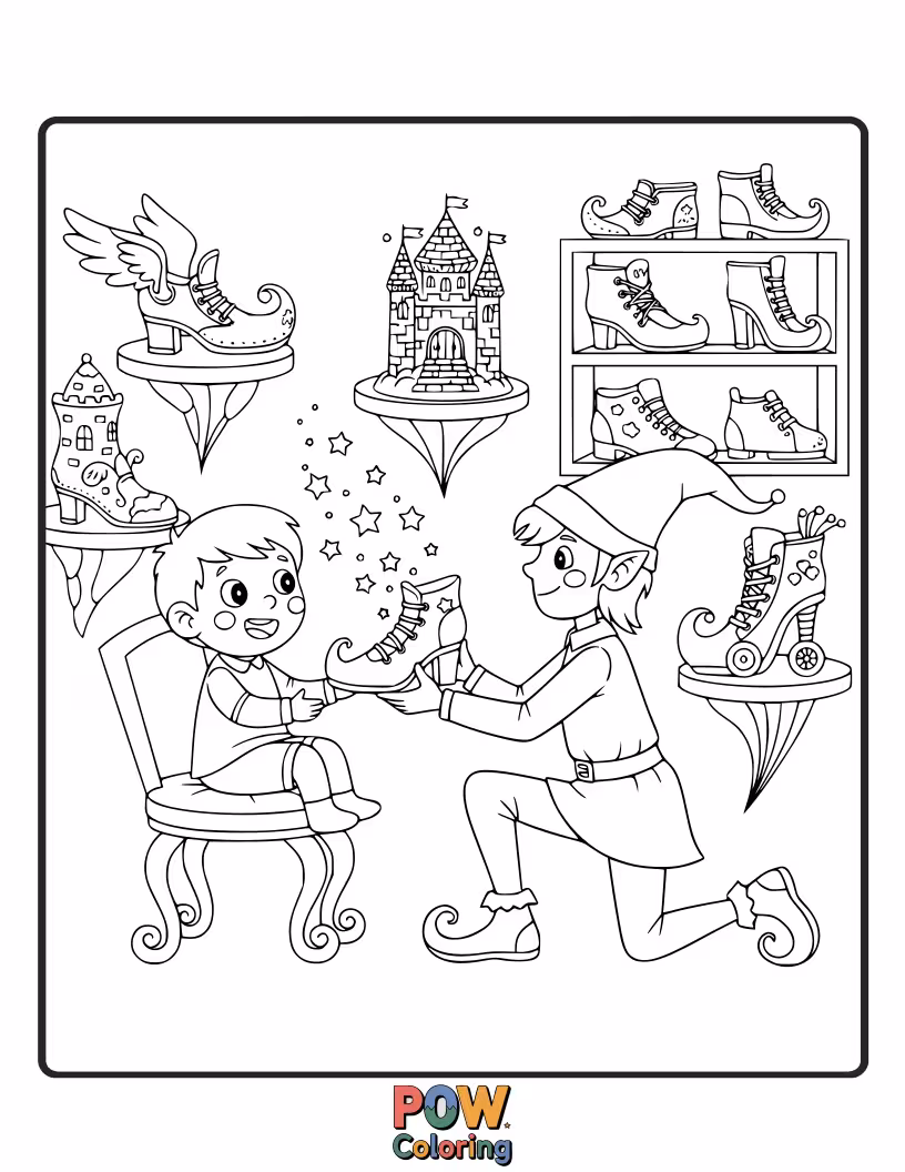 Free coloring page of The Grand Duke attempting to fit the glass slipper onto a reluctant stepsister's foot.