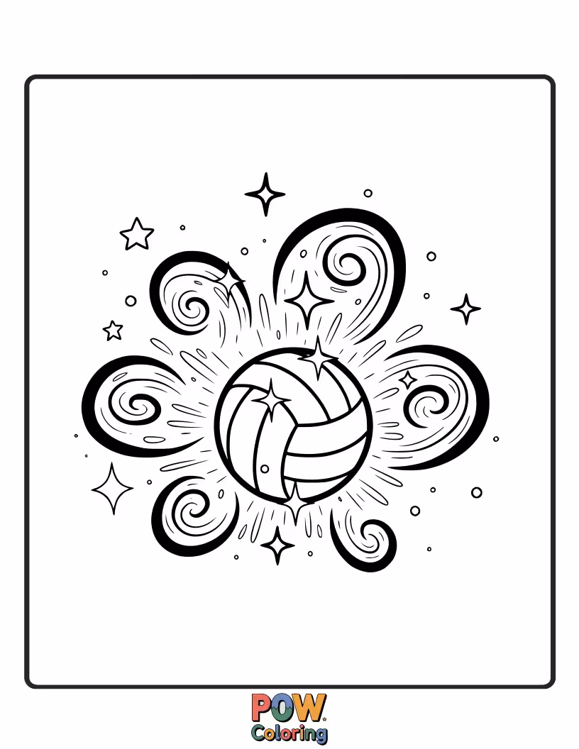 Free coloring page of Enchanting volleyball with shimmering stars and magical accents, perfect for a colorful design.