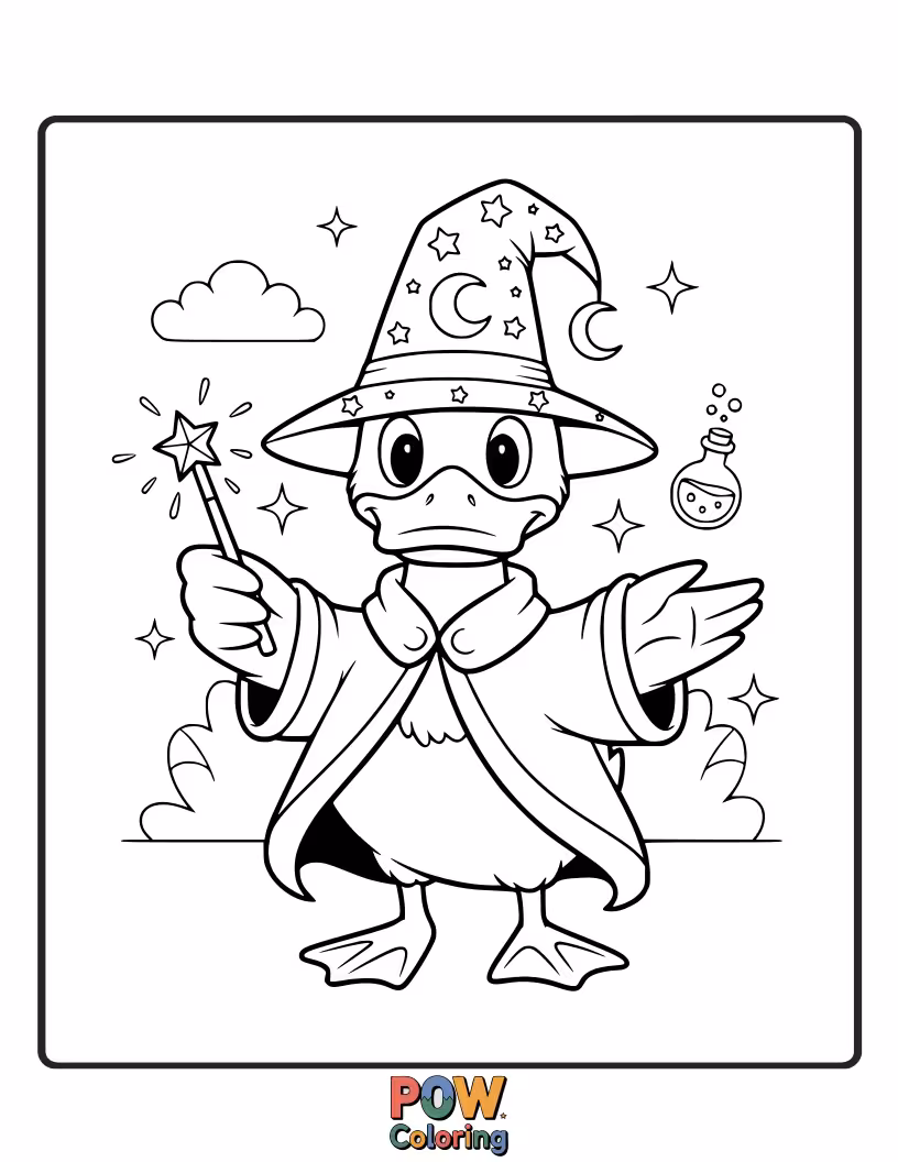 Free coloring page of A mystical duck casting a spell with a wand and a pointy wizard hat.