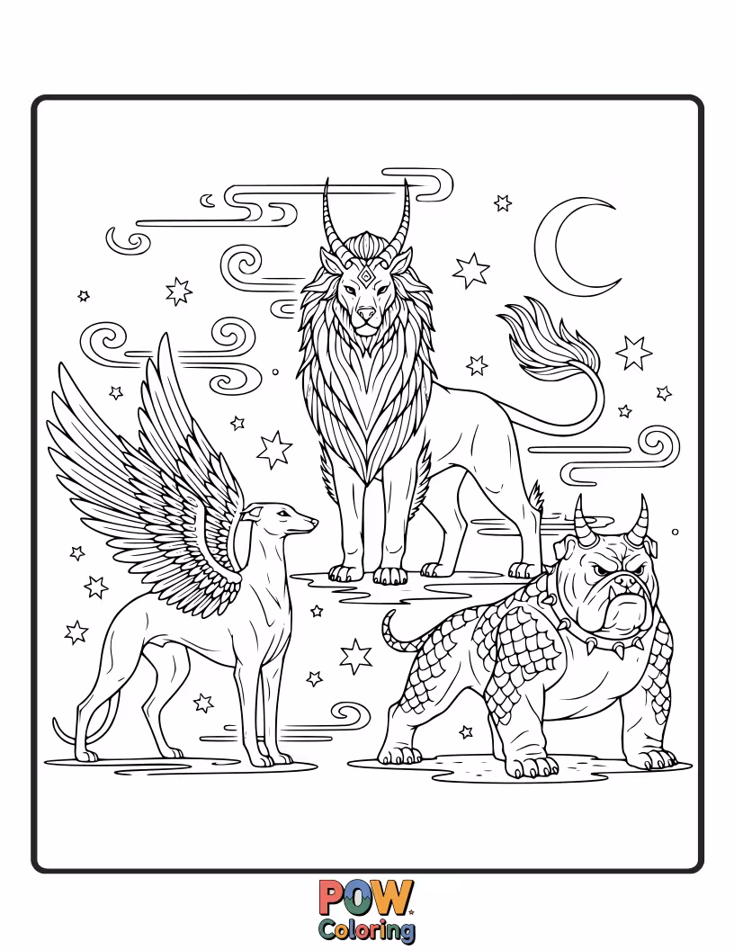 Free coloring page of Elegant dogs inspired by mythical creatures, perhaps with feathered wings or shimmering scales, offering a fantastical coloring adventure.