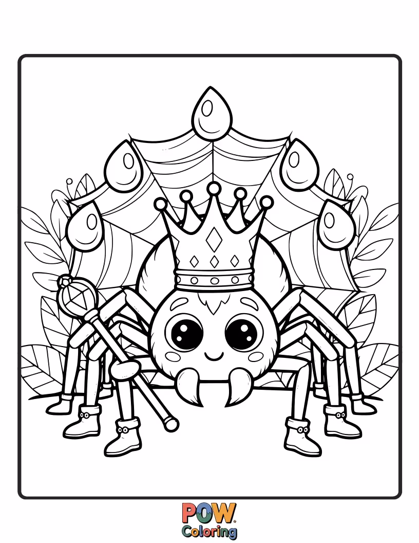 Free coloring page of A dignified spider wearing elegant silk robes and a small, subtle crown. Inspires a sense of nobility and understated beauty.