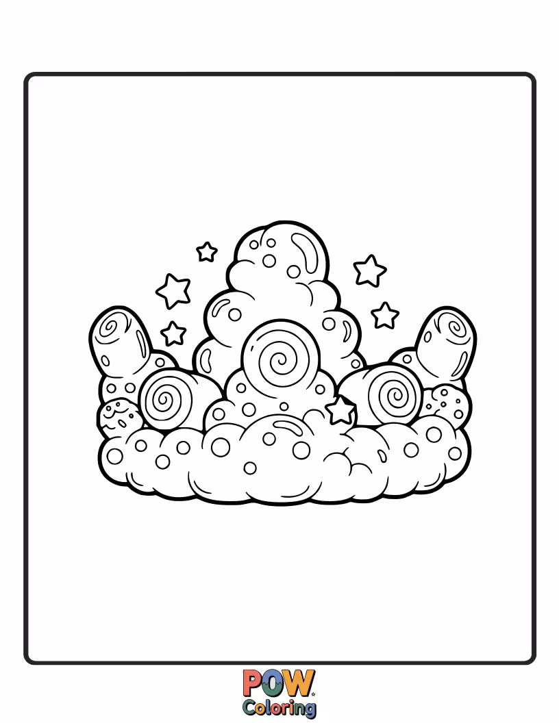 Free coloring page of Fluffy marshmallows and soft cloud shapes create a delightfully whimsical and sweet crown.