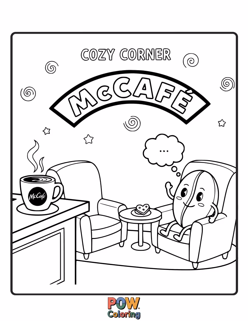 Free coloring page of A steaming coffee cup in a cozy setting with blankets and a book.