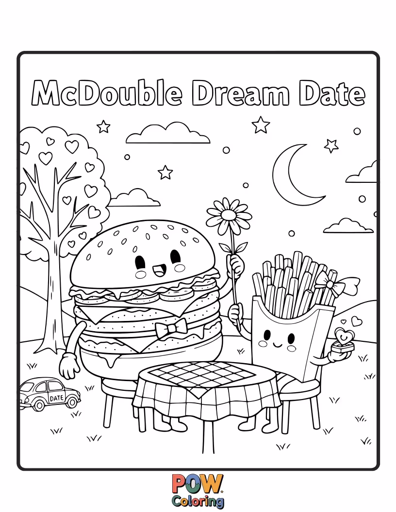Free coloring page of Two McDouble burgers holding hands and sharing a fry basket.
