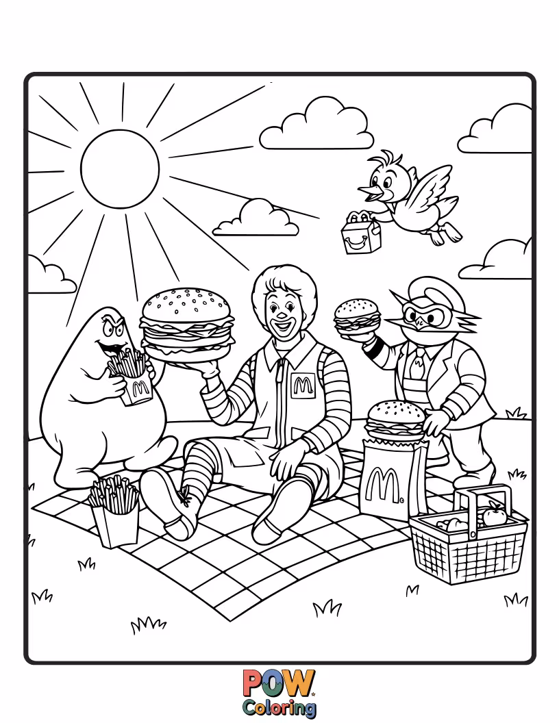 Free coloring page of A picnic scene with McDonald's food items on a blanket under a tree.