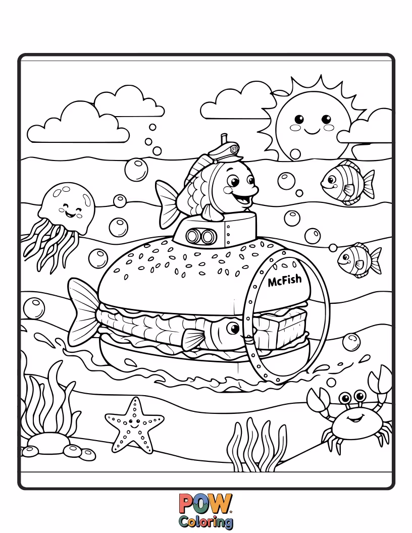 Free coloring page of A McFish swimming in a colorful coral reef with friendly sea creatures.