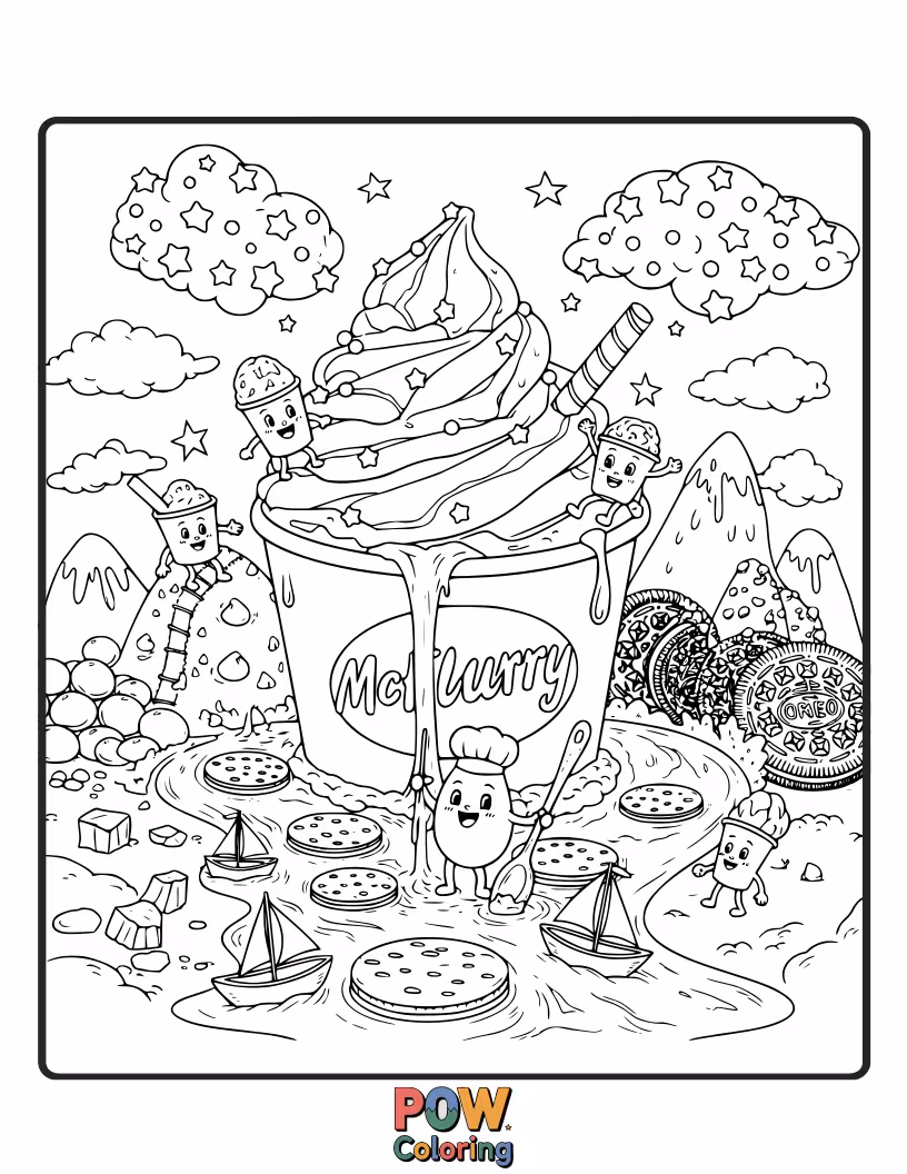 Free coloring page of A cloud made of ice cream with candy pieces falling, and characters playing on it.