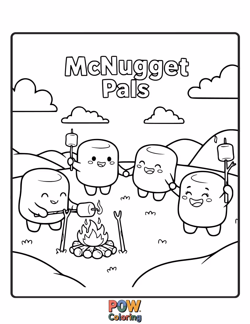 Free coloring page of Adorable McNuggets shaped like marshmallows, cuddling together with happy expressions.