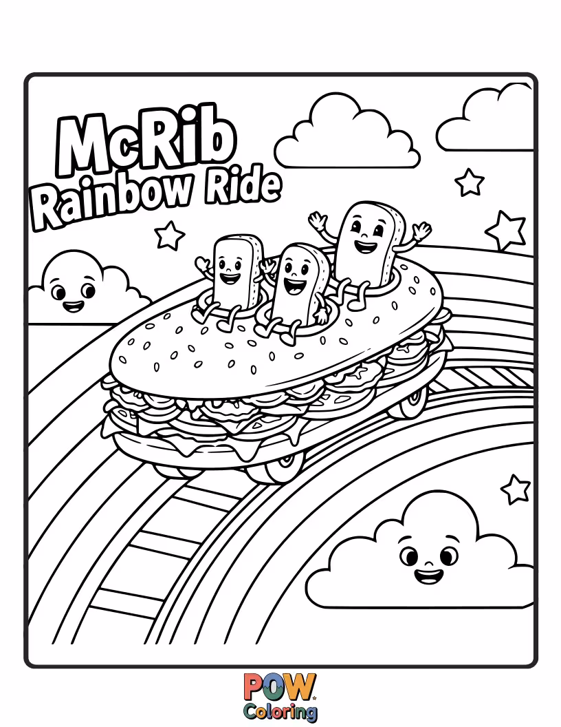 Free coloring page of A McRib sandwich on a rainbow, with a sauce trail and a smile.