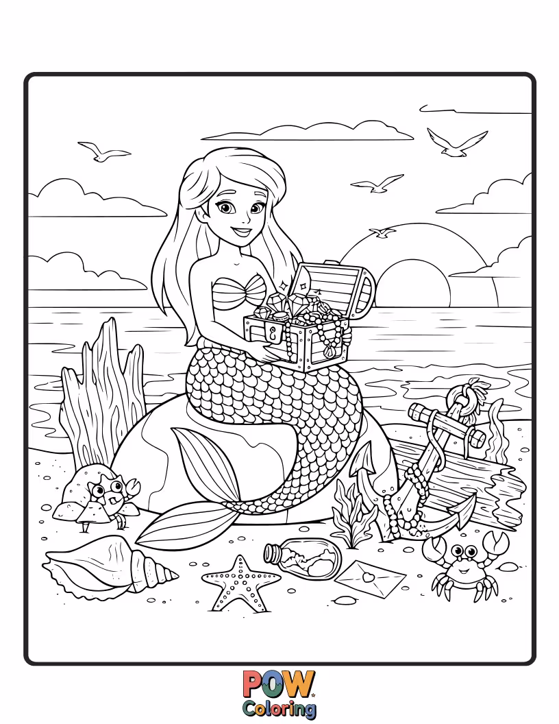 Free coloring page of A beautiful mermaid resting on a rock, surrounded by shiny pearls, colorful shells, and shimmering seaweed.