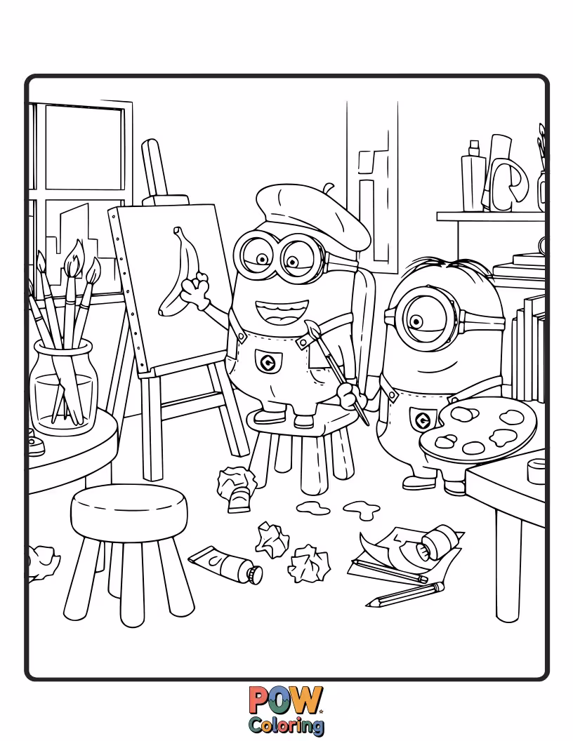 Free coloring page of Surrounded by canvases and paint splatters, these artistic Minions are creating their masterpieces. Let your creativity flow with their colorful art session!