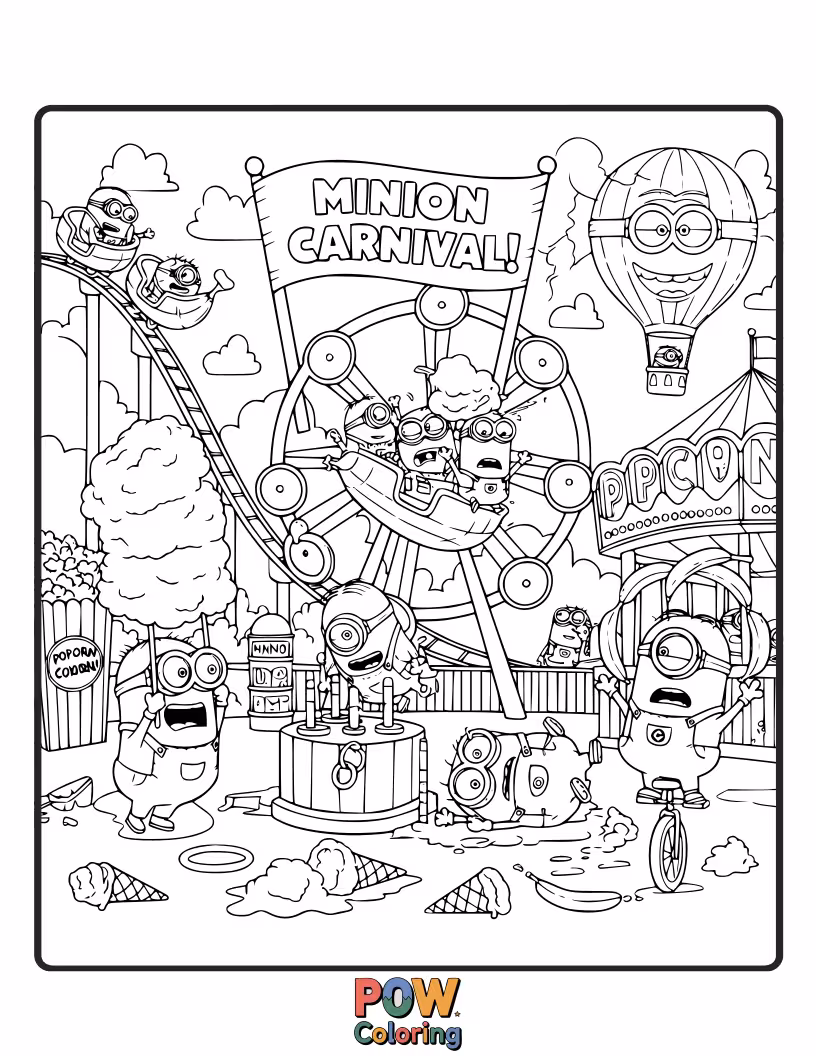 Free coloring page of Amidst popcorn and balloons, these excited Minions are enjoying the thrill of a fun-filled carnival. Color their joyous day of games and treats!