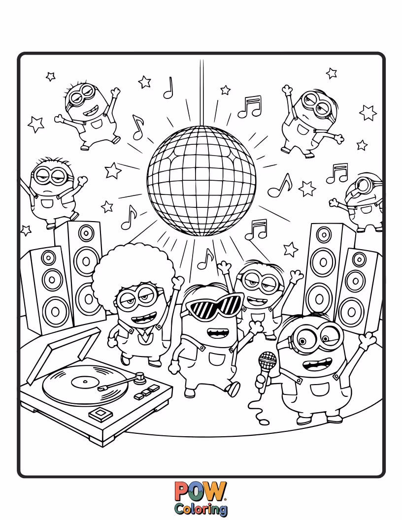 Free coloring page of Groovy Minions in dazzling disco outfits, striking funky poses under a glittering disco ball. Let's add some sparkle to this vibrant dance floor!