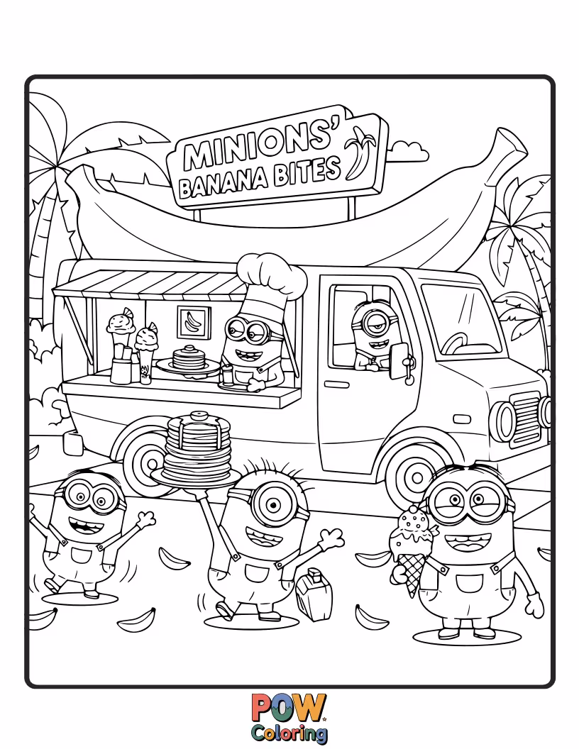 Free coloring page of Serving up delicious treats from their colorful food truck, these Minions are ready to delight. Color their tasty and vibrant culinary creation!