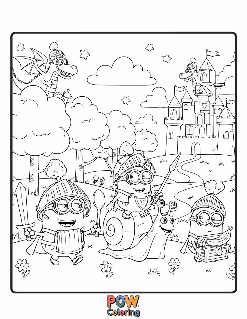 Free coloring page of Wearing knightly armor and helmets, these valiant Minions are embarking on a noble quest. Color their chivalrous and adorable adventure!