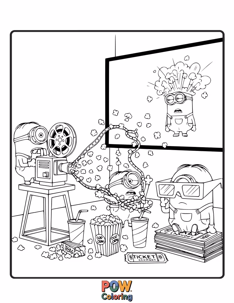 Free coloring page of Snuggled up with popcorn, these cozy Minions are enjoying a hilarious movie marathon. Color their comfy and fun cinematic experience!
