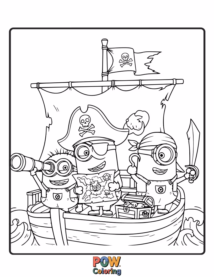 Free coloring page of With eye patches and bandanas, these swashbuckling Minions are sailing the high seas on a treasure hunt. Color their exciting pirate escapade!