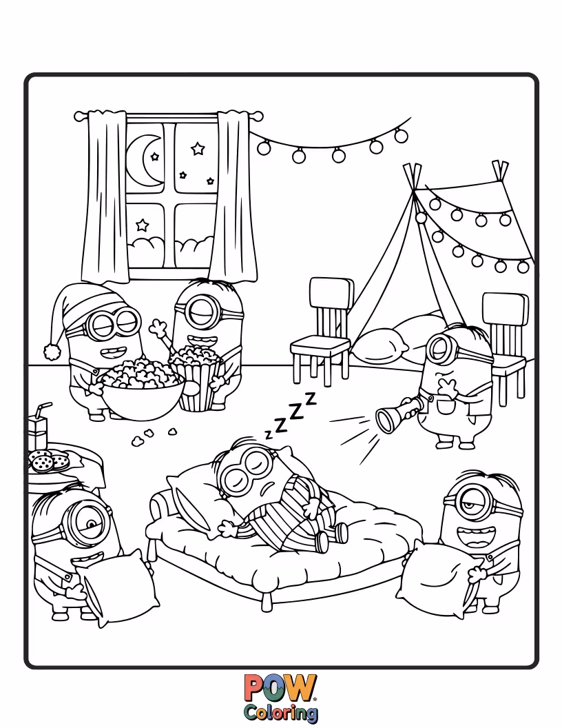 Free coloring page of Cozy in pajamas, these sleepy Minions are having a slumber party with pillows and blankets. Color their peaceful and adorable dreamland scene!