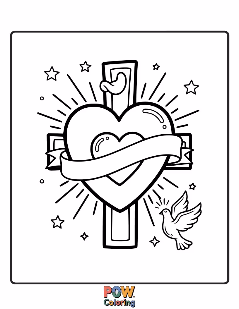 Free coloring page of A stunning cross intricately designed with swirling hearts and beautiful filigree, a symbol of divine love.
