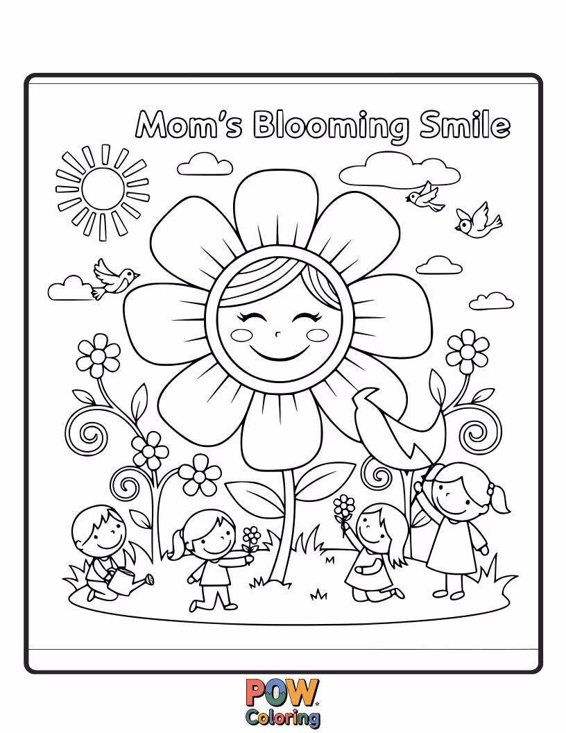 Free coloring page of A close-up of a mom's smiling face with flowers growing from her hair. Nature's beauty reflecting her inner joy.