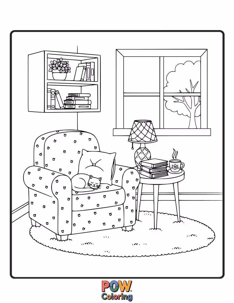 Free coloring page of A peaceful scene of mom relaxing in a comfy chair with a book and a cup of tea, surrounded by soft pillows. Pure relaxation.