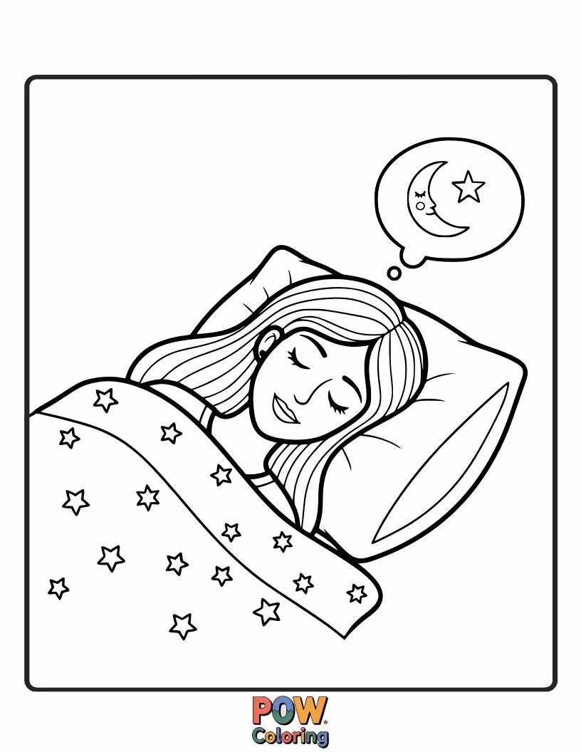Free coloring page of A serene mom sleeping peacefully in a cozy bed, surrounded by soft blankets and a gentle moon. Sweet dreams for mom.