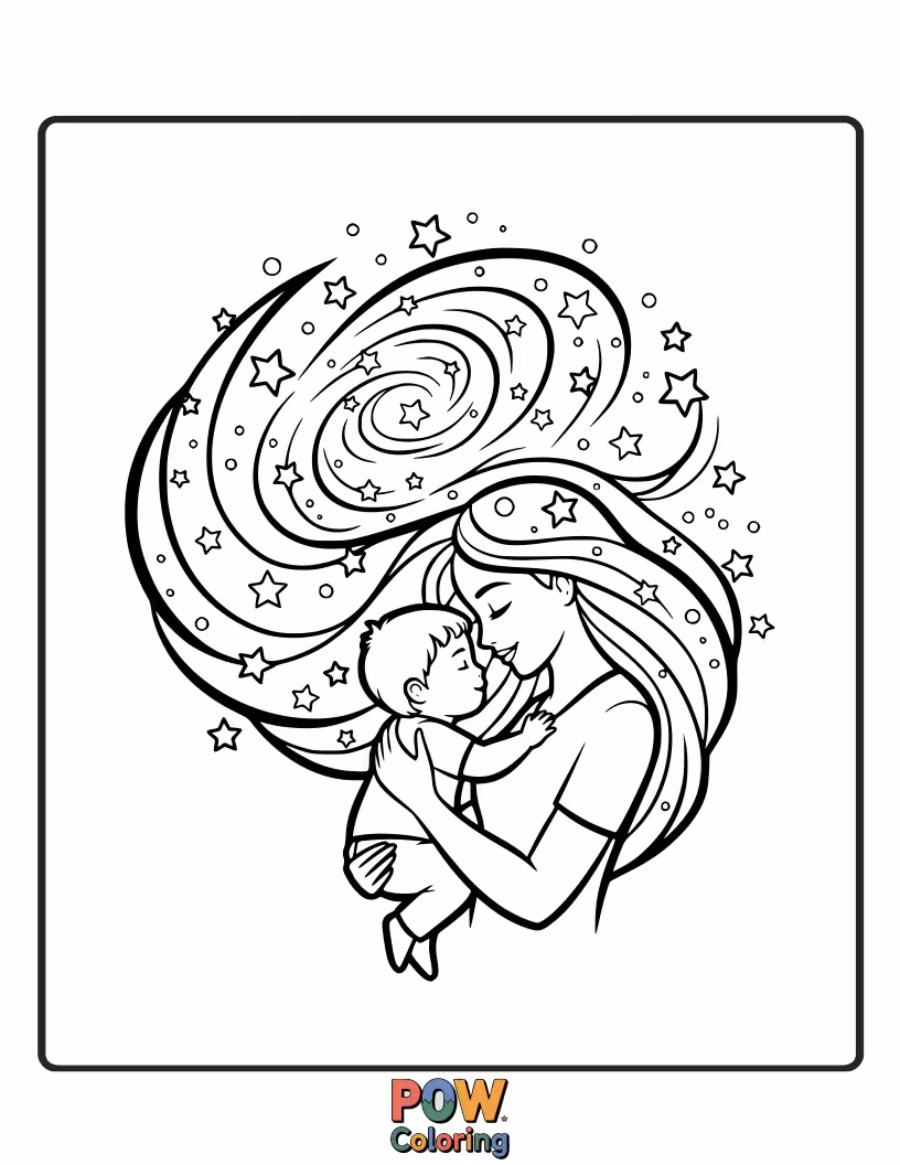 Free coloring page of A mom holding a child under a canopy of stars and constellations, creating a magical bonding moment. Cosmic love.