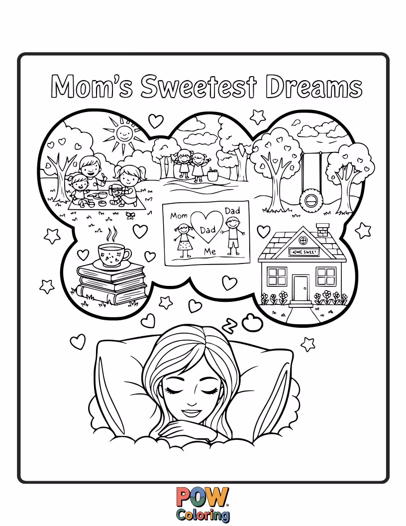 Free coloring page of A mom resting on a cloud, dreaming of delightful things like rainbows, cupcakes, and flying. Pure escapism.