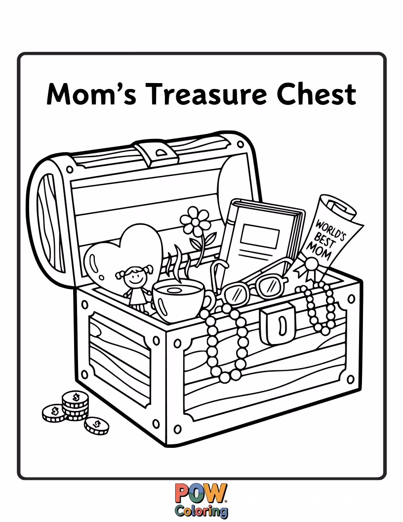 Free coloring page of A mom opening a treasure chest overflowing with jewels, flowers, and love notes. She's the greatest treasure.