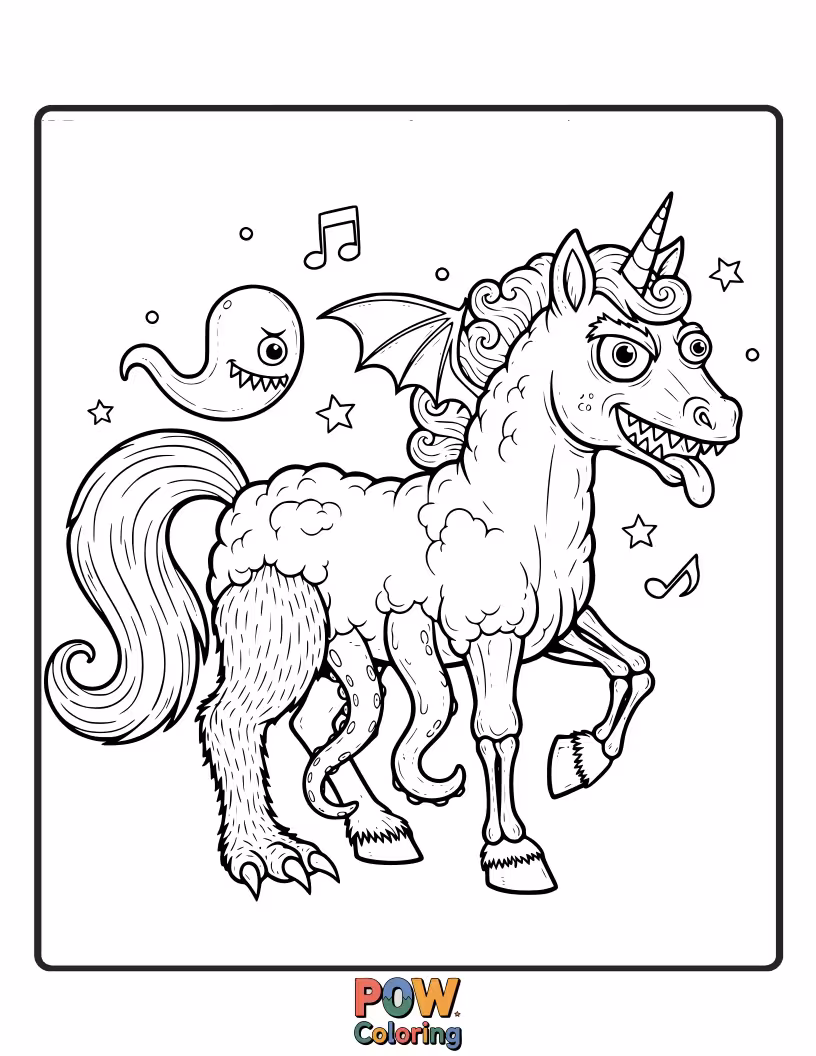 Free coloring page of A friendly, goofy monster horse with multiple eyes and colorful fur, dancing with glee.