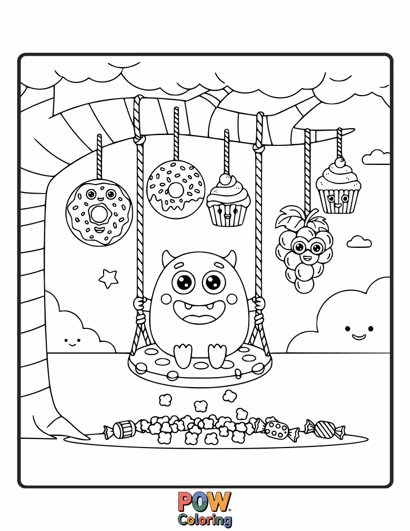 Free coloring page of A fuzzy, multi-eyed monster with a goofy grin swings on a tire swing, trying to catch flying donuts.