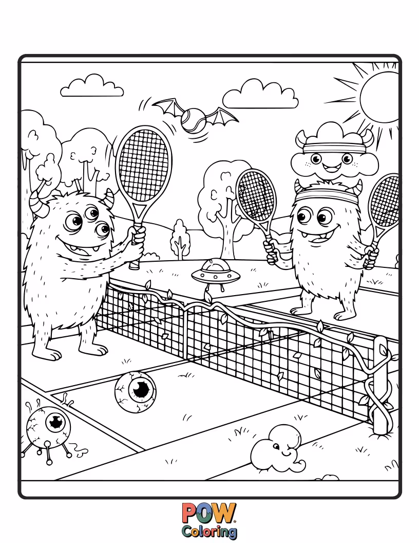 Free coloring page of Friendly, cartoon monsters with quirky features playing a wild and energetic game of tennis.