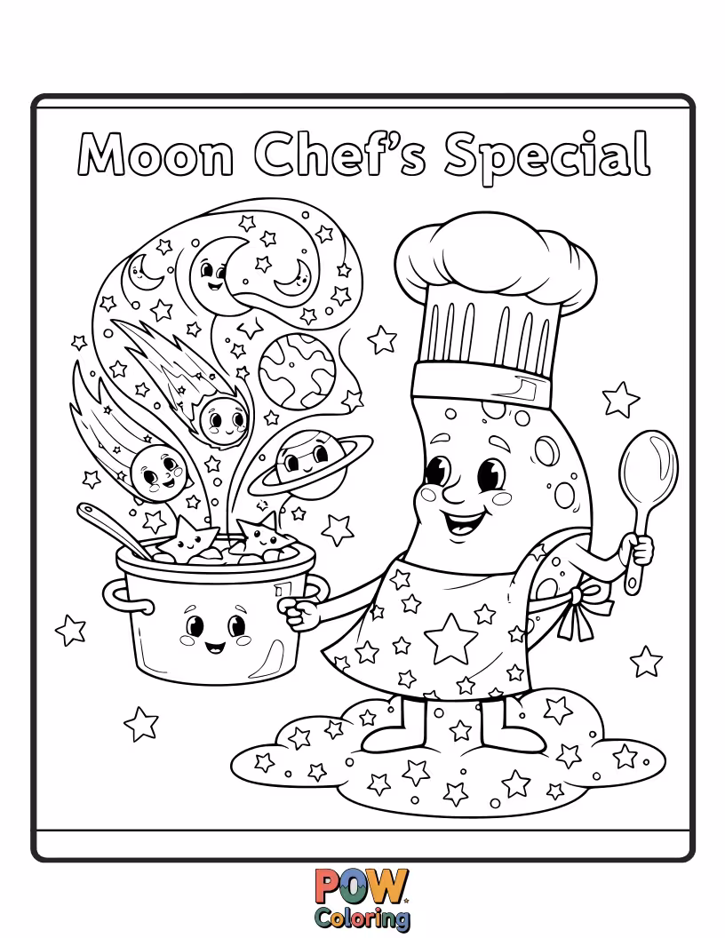 Free coloring page of A chef's hat-wearing moon stirring a pot of sparkling stardust soup. Culinary delights from outer space!