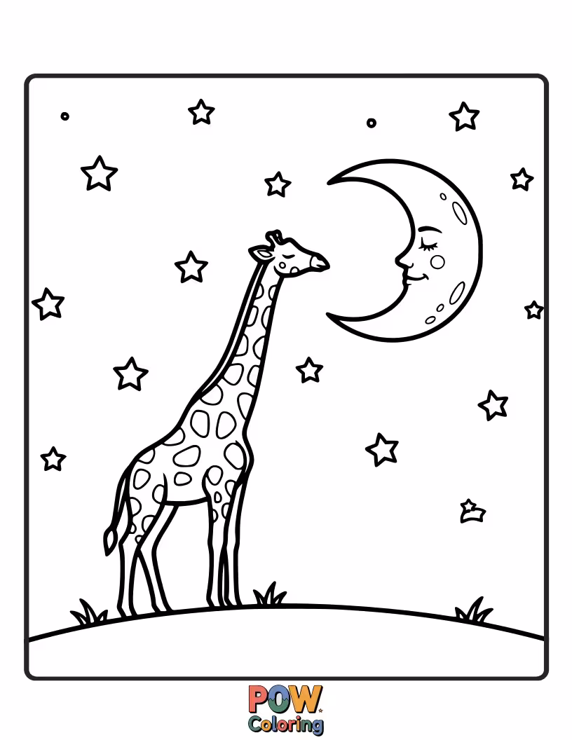 Free coloring page of A tall giraffe stretching its neck to try and nibble on a glowing, accessible moon. A humorous attempt at the impossible.