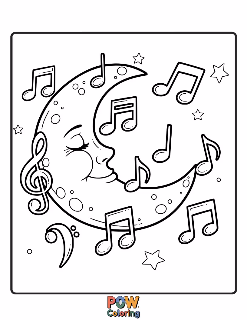 Free coloring page of Musical notes dancing and swirling around a cheerful, round moon. A symphony of the night sky.