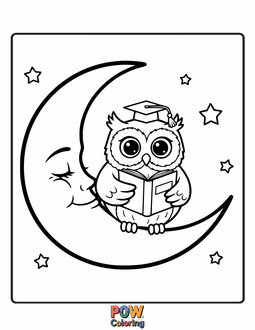 Free coloring page of A wise owl perched on a branch, looking contemplatively at a full, serene moon. Reflect on the night's mysteries.